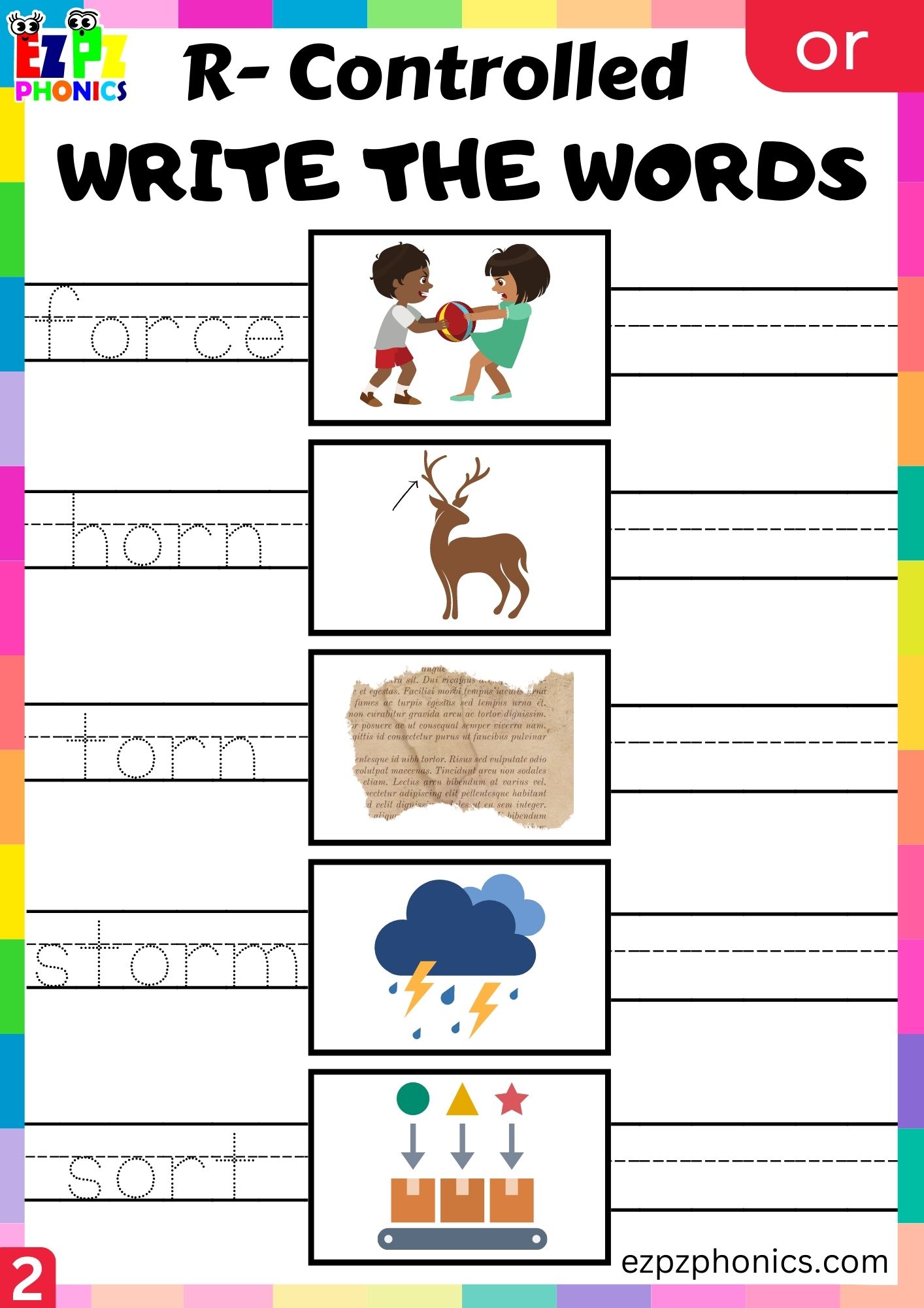 Write the words worksheet for or words R Controlled Vowels Phonics group 2